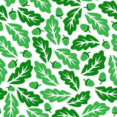 Seamless pattern with oak leaves and acorns on a white background.