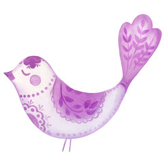 Watercolor illustrations of folk bird. Spring bird, decorative design element for postcards, invitations, logo, label, sticker.