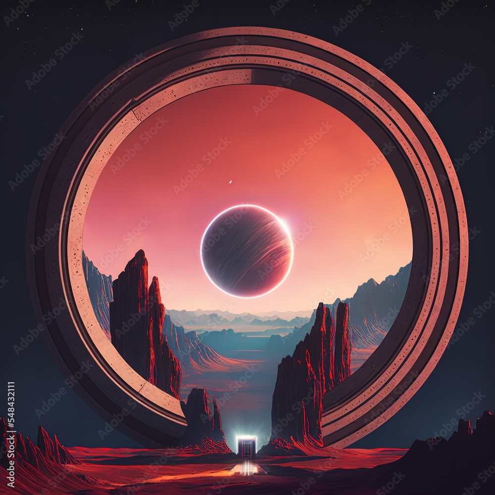 Canvas Prints A futuristic portal to another world. The portal is located on an alien planet, with mountains and a red earth. Against the background of the planet, the stars. 3d render