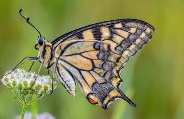 Closeup of an old world swallowtail butterfly on a flower.