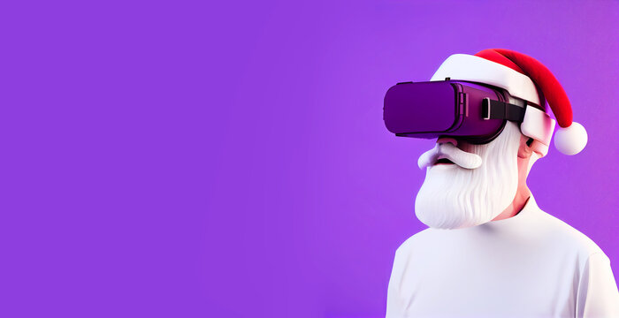 Santa Claus 3d head in Virtual Reality Space in VR glasses neon sci-fi cyberpunk 3D illustration. Merry Christmas and Happy New Year Greeting Card Design Template. tech digital metaverse gaming Santa.