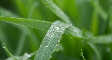 Plant green Leaf with dew water drops close up.