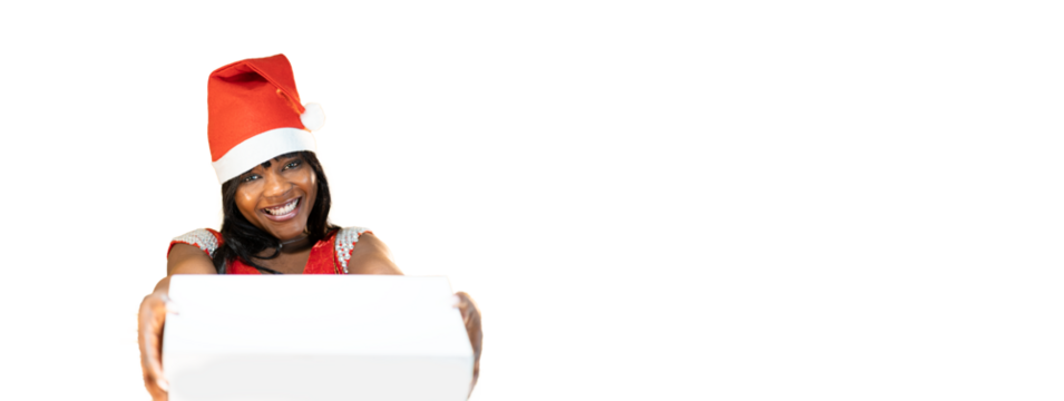banner natalizio di una ragazza nera tenendo una scatola in mano