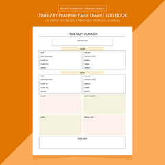 Itinerary Planner Page | Itinerary Planner Log Book | Itinerary Diary Journal | Notebook Printable Template