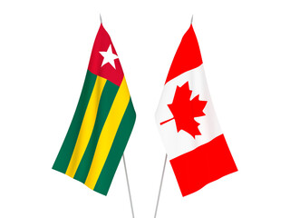 National fabric flags of Togolese Republic and Canada isolated on white background. 3d rendering illustration.