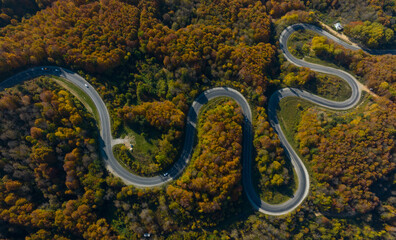 aerial view of inegol domanic road with beautiful autumn colors of nature