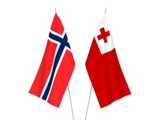 National fabric flags of Norway and Kingdom of Tonga isolated on white background. 3d rendering illustration.