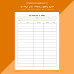 Potluck Sign-Up Sheet Log Book | Potluck Sign-Up Sheet Note | Diary Journal | Notebook Printable Template