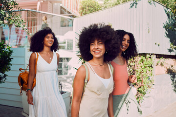 Travel, friends and black woman in summer walking by the countryside or neighborhood with outdoor...