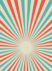 Sunlight retro narrow vertical background. Pale red, blue, beige color burst background. Fantasy Vector illustration. Magic Sun beam ray pattern background. Old paper starburst. Circus style