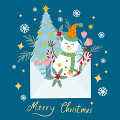 Christmas elements in open envelope on blue background. Christmas greeting card with snowman. Flat design.