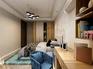 Obraz premium 3D rendering, clean and tidy Nordic style bedroom design
