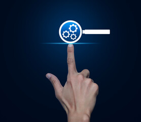 Hand pressing seo flat icon over blue background, Search engine optimization concept