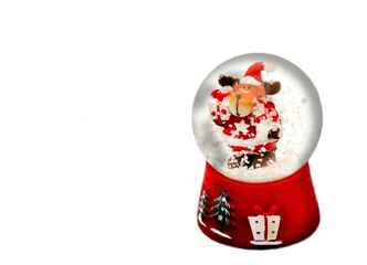 Decorative Christmas sphere with Rudolph as Santa Claus and moving snowflakes inside, isolated in white background