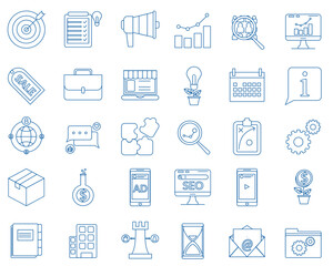 Business development strategy, advertising and distribution through influencers, icon set. Brand ambassador. Analysis and improvement of marketing strategy.Line with editable stroke set icon