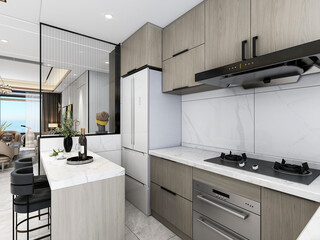 3D rendering, Nordic wooden style restaurant design