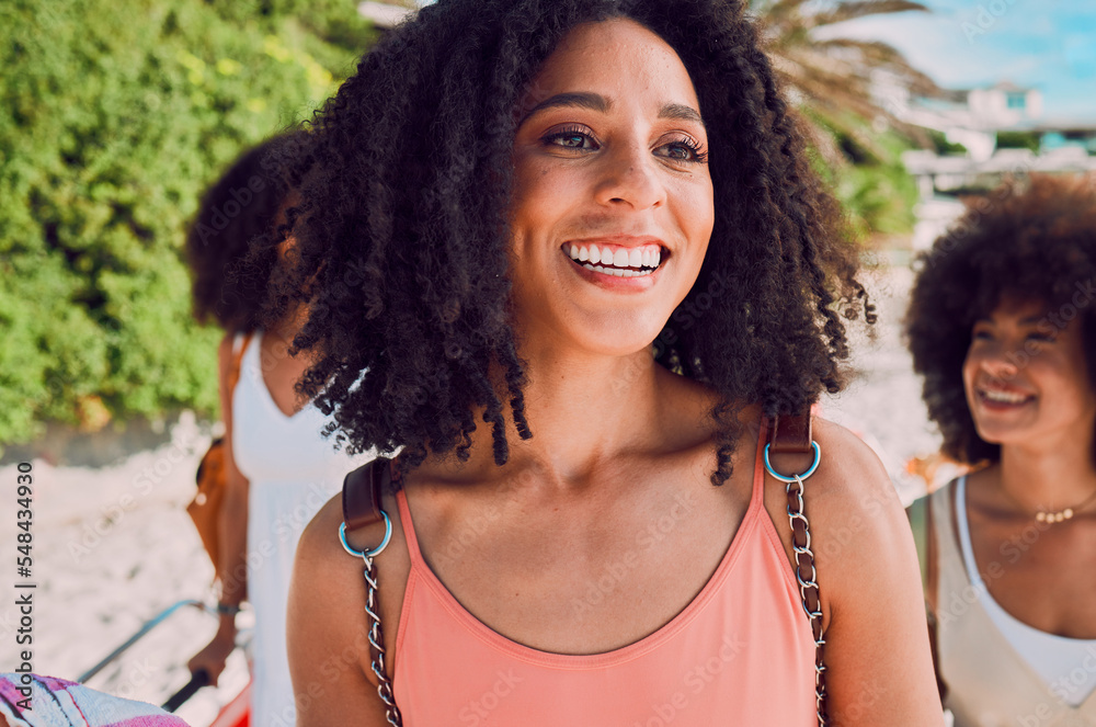 Poster Black woman, friends and walking outdoor to travel with a backpack, happiness and fun in city on their vacation in summer. Afro women together for adventure, hangout and holiday at a tourist location