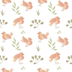 Leaves and bird seamless natural pattern in vintage style. Vintage background with natural elements for fabrics, textiles, nursery design, wallpapers, etc.