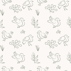 Seamless bird theme pattern in line art. Vintage style.Texture for fabric, textile, wallpaper, scrapbooking.