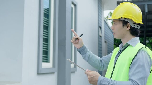 inspector or engineer is inspecting and inspecting a building or house using a checklist. Engineers and architects or contactor work to build the house before handing it over to the homeowner.