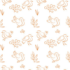 Seamless bird theme pattern in line art on a white. Vintage style.Texture for fabric, textile, wallpaper, scrapbooking.