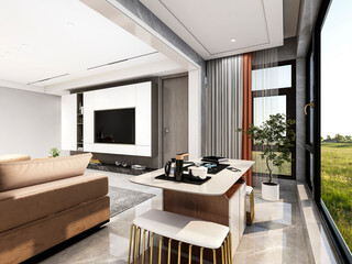 3D rendering, wooden Nordic style living room design