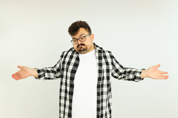 Naklejka premium Concept of people, young fat man on light background