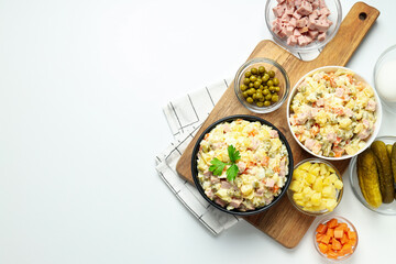 Concept of New year food, Olivier salad, space for text