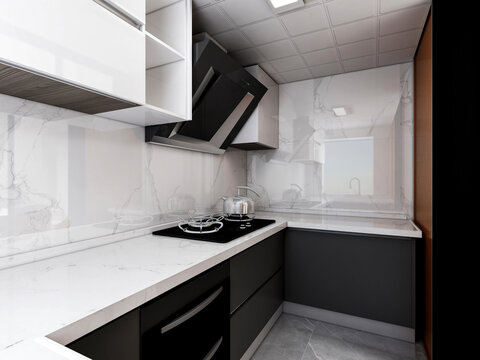 3D rendering, bright kitchen design）