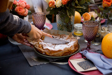 autumn tea party in the garden still life mulled wine pie