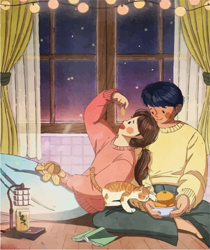 lovely anime couple digital art, illustration