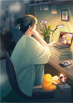 anime girl working on laptop digital art, illustration
