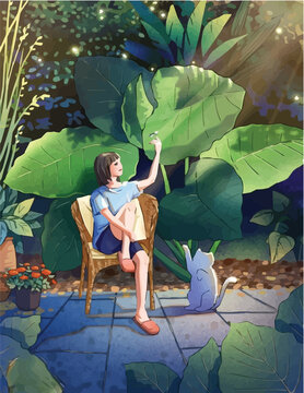anime girl with her pet cat digital art, illustration
