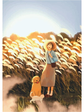 anime girl with her pet dog and cat digital art, illustration 