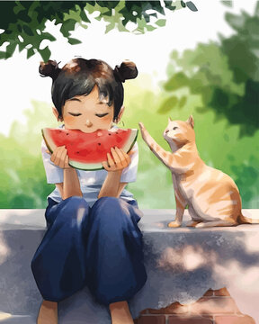 anime girl with her pet cat digital art, illustration