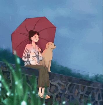 anime girl with her pet digital art, illustration 