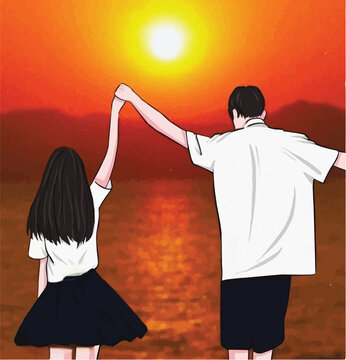 anime couple enjoying sunset digital art, illustration 