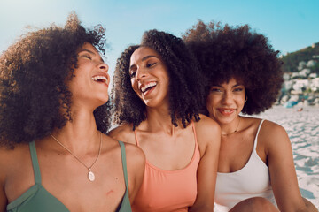 Happy, friends or black woman with smile at the beach for freedom, vacation or holiday in Miami in summer. Travel, fun or group of girls bonding, laughing or comic picnic on sand portrait.