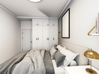 Fototapeta na wymiar 3D rendering, clean and tidy Nordic style bedroom design
