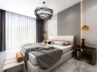 3D rendering, clean and tidy Nordic style bedroom design