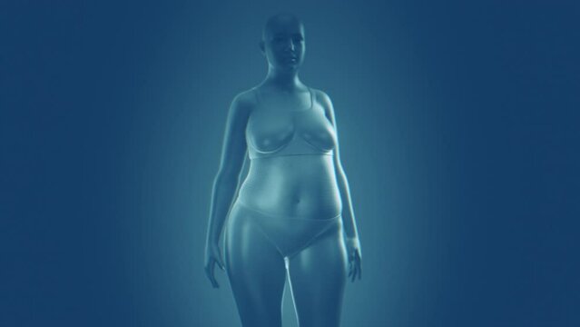 Woman gaining weight, rotating camera. 3d animation, 4k, blue background.