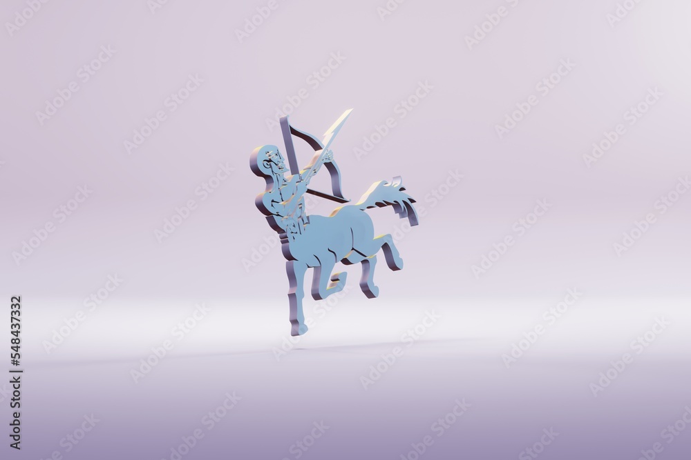 Poster beautiful illustration blue zodiac sign sagittarius symbol icons on a bright pink background. 3d ren