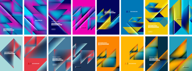 Set of abstract geometric posters. Triangle composition backgrounds. Collection of covers, templates, flyers, placards, brochures, banners