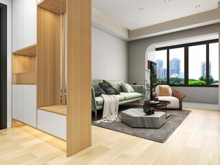3D rendering, wooden Nordic style living room design