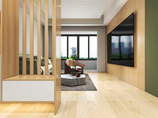 3D rendering, wooden Nordic style living room design