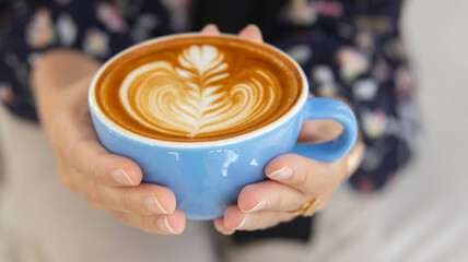 Close up Cup of coffee latte in coffee shop.Female hands holding a cup of coffee cup with flower shaped latte art foam