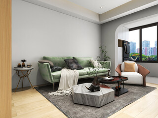 3D rendering, wooden Nordic style living room design