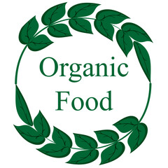 Eco friendly label, icon with green branch and inscription organic food, sticker for packages