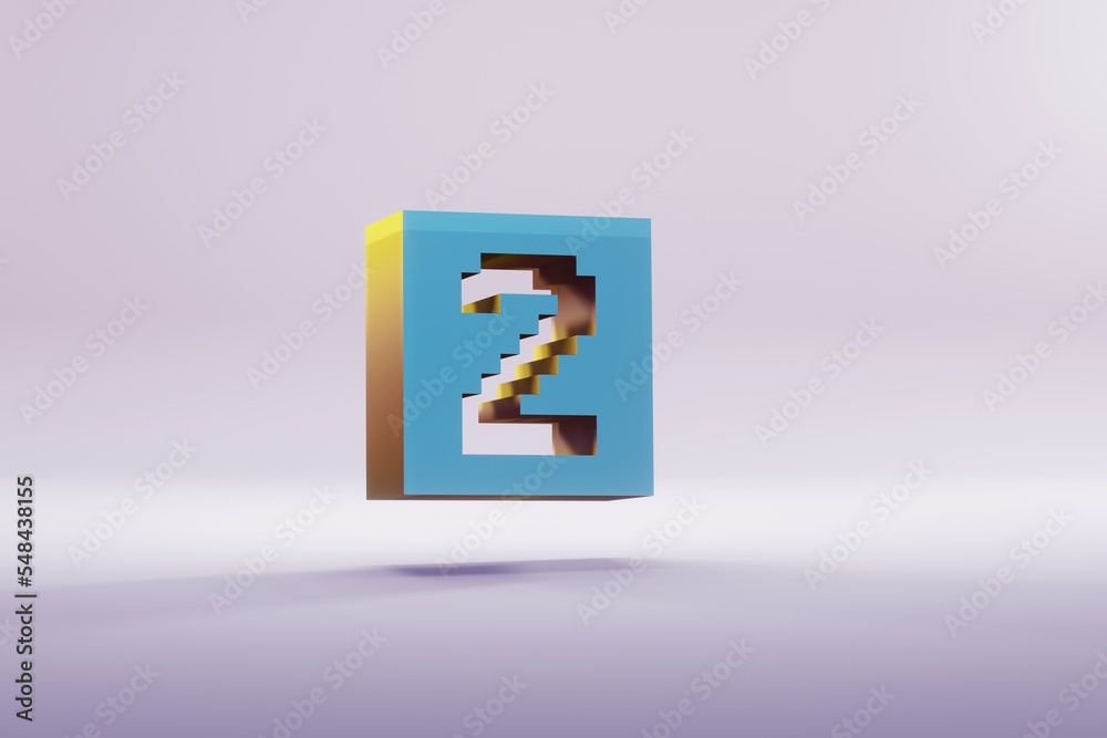 Poster beautiful illustration blue pixel number 2 symbol icons on a bright pink background. 3d rendering il