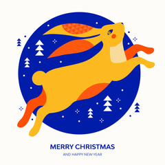 Merry Christmas and happy New Year poster or greeting card. Chinese zodiac Rabbit symbol. Hare in winter forest among snowdrifts and snow. Lunar new year. Vector illustration in geometric minimalism
